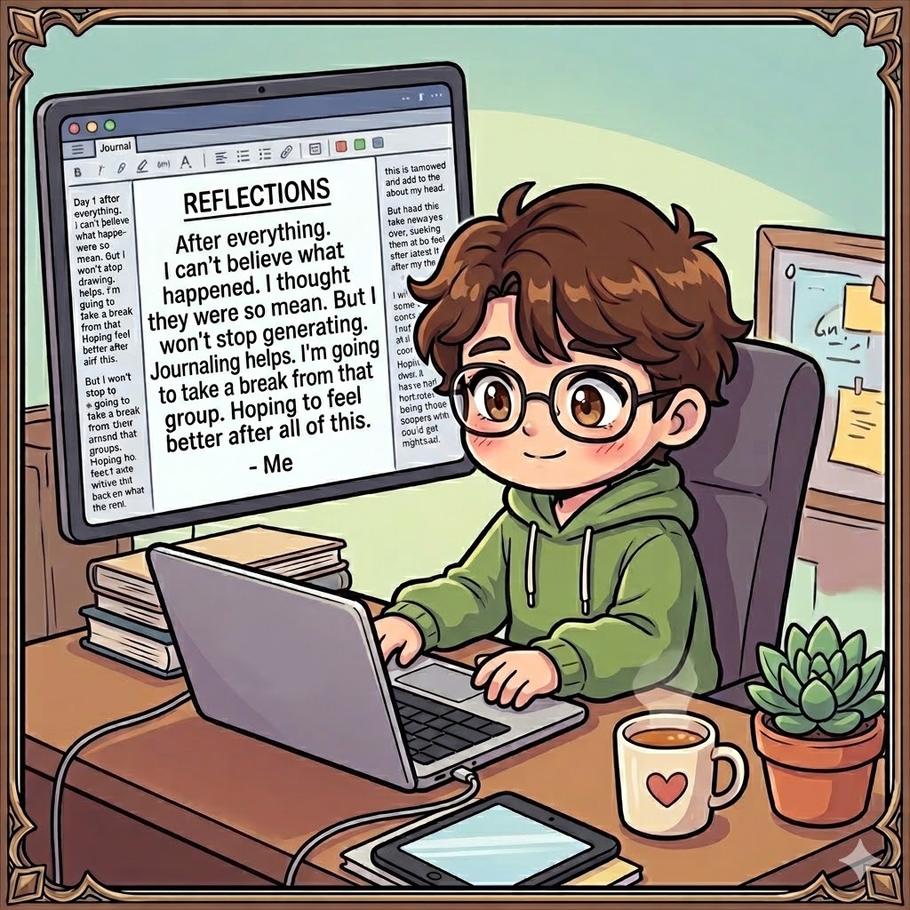 A single-panel illustration showing the same boy from the comic, now looking calm and slightly smiling as he types on a silver laptop at his desk. A large desktop monitor behind the laptop displays a digital document titled "REFLECTIONS". The visible text reads: "Day 1 after everything. I can't believe what happened. They were so mean. But I won't stop drawing. Journaling helps. I'm going to take a break from that group. Hoping to feel better after all of this. - Me". The desk is neat, featuring a glass of water, a stack of books, a tablet, a mug with a heart on it, and a small potted succulent.