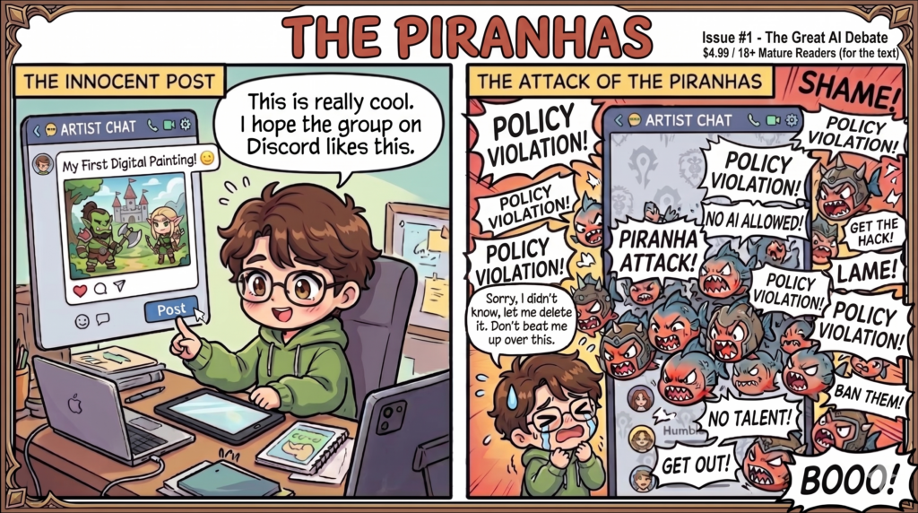 A two-panel comic strip titled "THE PIRANHAS: Issue #1 - The Great AI Debate." The first panel, labeled "THE INNOCENT POST," shows a happy, cartoon-style boy with brown hair, glasses, and a green hoodie sitting at his desk. He is clicking "Post" on an app called "ARTIST CHAT" to share an image of an orc and an elf with the caption "My First Digital Painting! :)". He has a speech bubble saying, "This is really cool. I hope the group on Discord likes this." The second panel, labeled "THE ATTACK OF THE PIRANHAS," shows the boy terrified, sweating, and crying. His phone screen is massive and overflowing with aggressive, helmet-wearing piranhas yelling angry comments like "POLICY VIOLATION!", "SHAME!", "NO AI ALLOWED!", "NO TALENT!", and "BAN THEM!". A speech bubble from the boy reads, "Sorry, I didn't know, let me delete it. Don't beat me up over this."
