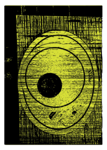 "Lemon Number One," a digital Artist Trading Card (ATC) or Art Card, Editions and Original (ACEO). The image features a high-contrast black and lemon-yellow vector design of stacked restaurant plates seen from directly above. The plates are formed by bold concentric circles and ovals, featuring a solid black circle off-center, all layered over a background heavily textured with dense vertical and horizontal scratch marks.
