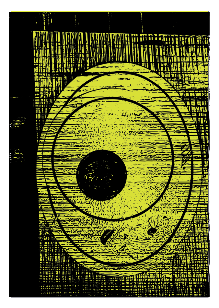 "Lemon Number One," a digital Artist Trading Card (ATC) or Art Card, Editions and Original (ACEO). The image features a high-contrast black and lemon-yellow vector design of stacked restaurant plates seen from directly above. The plates are formed by bold concentric circles and ovals, featuring a solid black circle off-center, all layered over a background heavily textured with dense vertical and horizontal scratch marks.