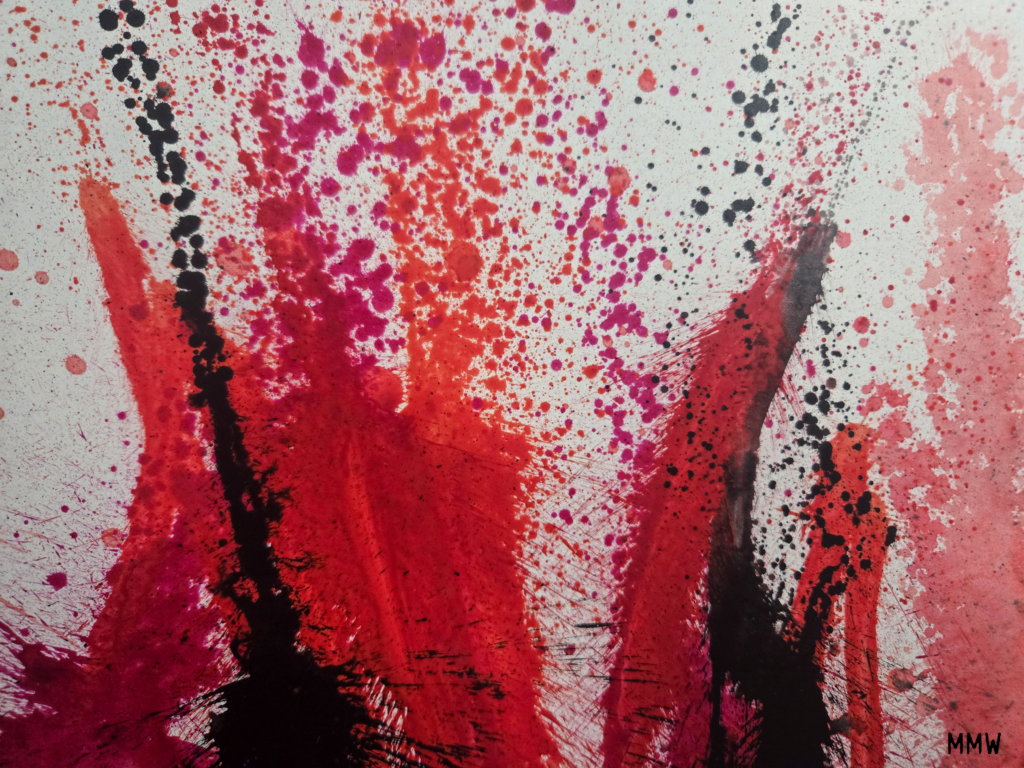 An expressive abstract artwork on cardboard with bold, energetic splatters and upward strokes of deep red, bright magenta, and stark black ink over an off-white background, signed MMW in the lower right corner.