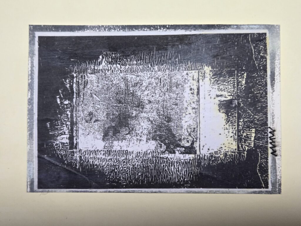 Where Are You or What Do You See Here": A 4x6 analog collage gel print featuring a textured, high-contrast black-and-white abstract composition with dense, dark margins and signature MMW.