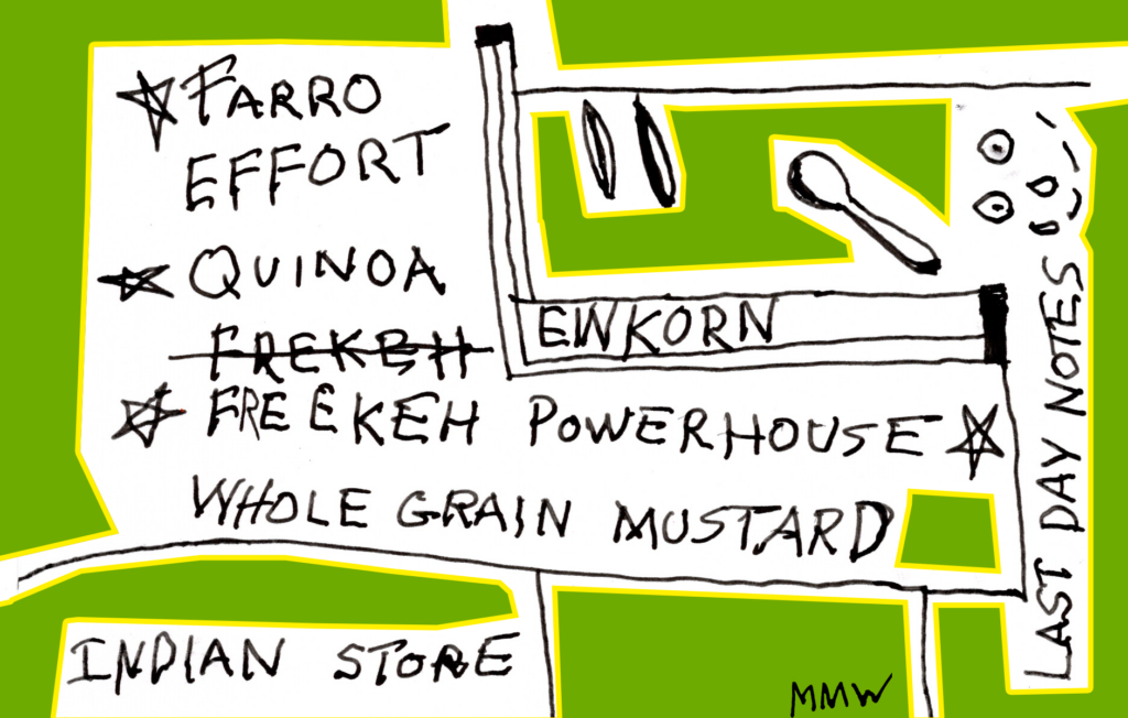 A digital graphic of handwritten class notes on a white, jagged-edged shape with a yellow outline, set against a vibrant green background. The handwritten text lists various grains and reminders, including starred items like "FARRO", "QUINOA", and "FREEKEH POWERHOUSE" with a misspelled "FREKEH" crossed out above it. Other notes read "EFFORT", "EINKORN", "WHOLE GRAIN MUSTARD", and "INDIAN STORE" at the bottom. "LAST DAY NOTES" is written vertically along the right edge. The design includes small, simple doodles of a spoon and a smiley face, and is signed with the initials "MMW" in the bottom right corner.