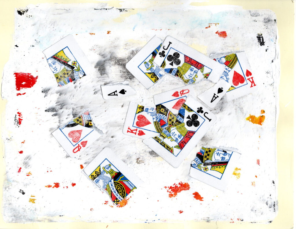 Queen of Jacks: Analog mixed-media collage featuring torn vintage court playing cards pasted over a textured white acrylic and ink background with red and orange paint splatters.