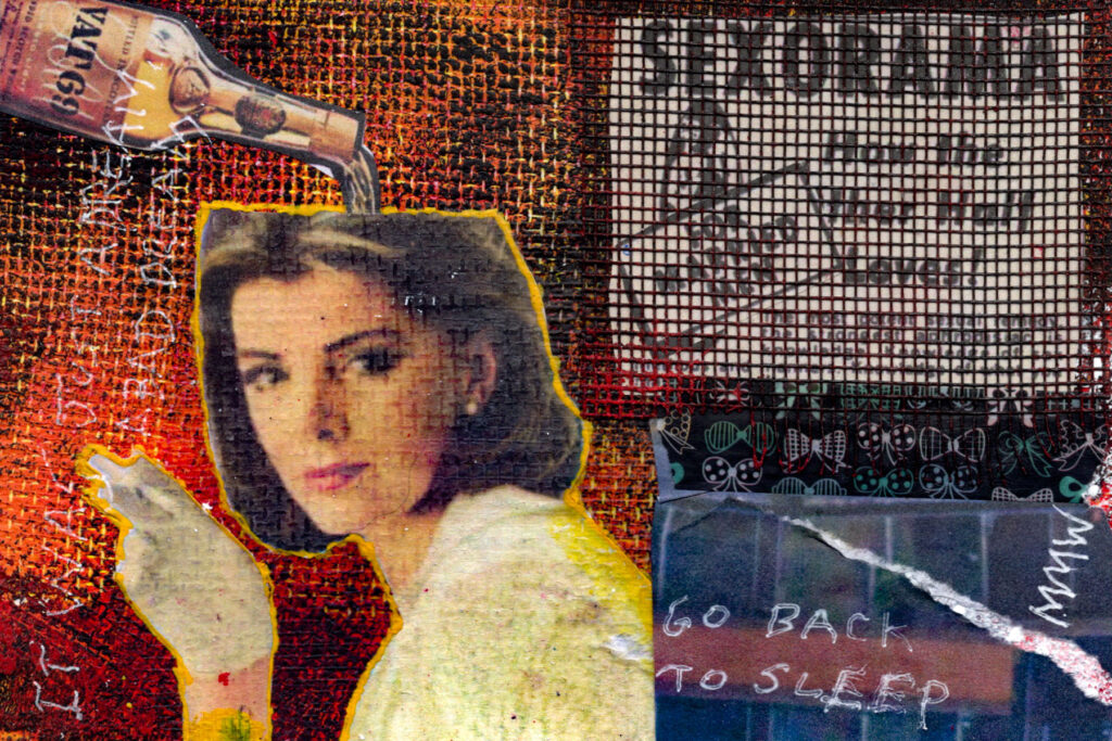 A 4x6 mixed-media collage titled image_50ec48.png. It features a vintage cutout of a woman receiving poured alcohol into her open head, set against textured red acrylic with the text "GO BACK TO SLEEP," "IT WAS JUST A BAD DREAM," and signed MMW.