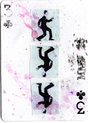 ACEO mixed-media art piece on a 3 of clubs playing card featuring three vertical inkjet cutouts of a silhouetted man in a suit against a distressed white background with pink paint splatters and black textures.