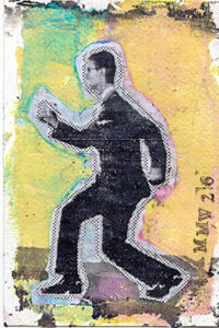 Mixed-media collage on a 4x6 card featuring layered cutouts, structured geometric patterns, urban street sticker textures, and neon and black color accents.